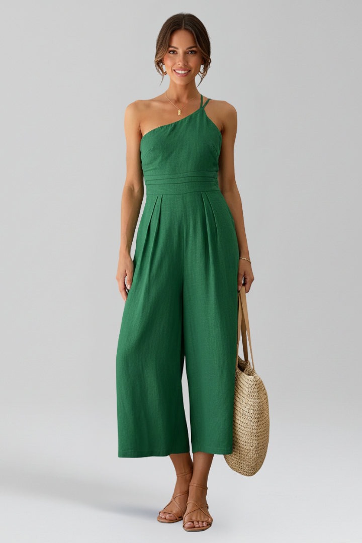 Fashionable women's one-shoulder wide-leg jumpsuit, showcasing its flowing wide-leg design.