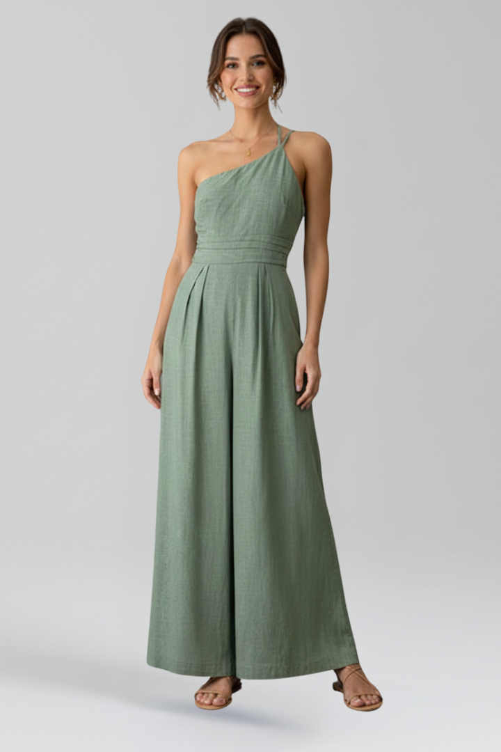 Comfortable yet stylish women's one-shoulder wide-leg jumpsuit, great for summer fashion.