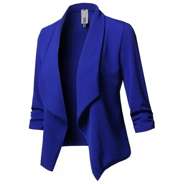 Elegant women's open front light blazer for all seasons. Versatile jacket for office wear or chic casual fashion.