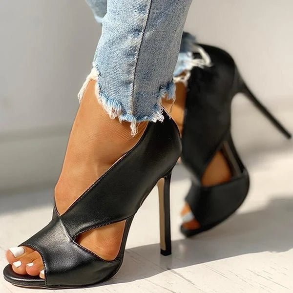 Stylish black open-toe cutout stiletto heels for women, featuring a chic high heel design.