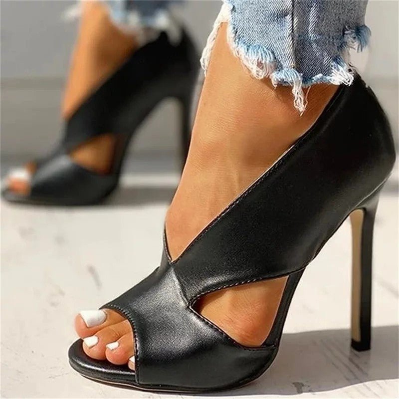 Brown women's peep-toe cutout stiletto heels, ideal party shoes for an elegant look.