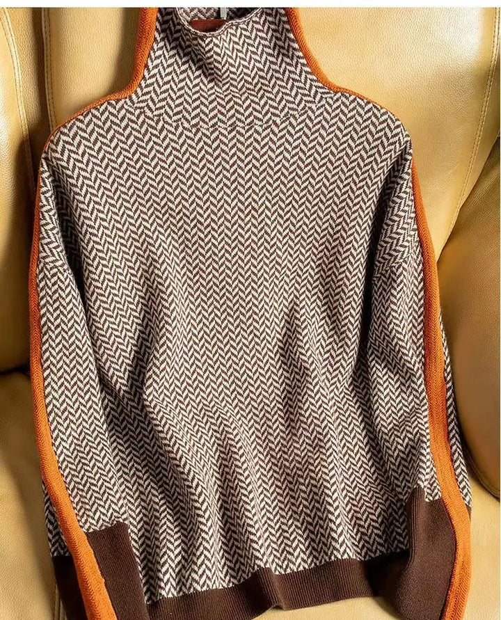 Elegant women's orange herringbone turtleneck sweater, perfect for cozy winter fashion, long sleeve knitwear