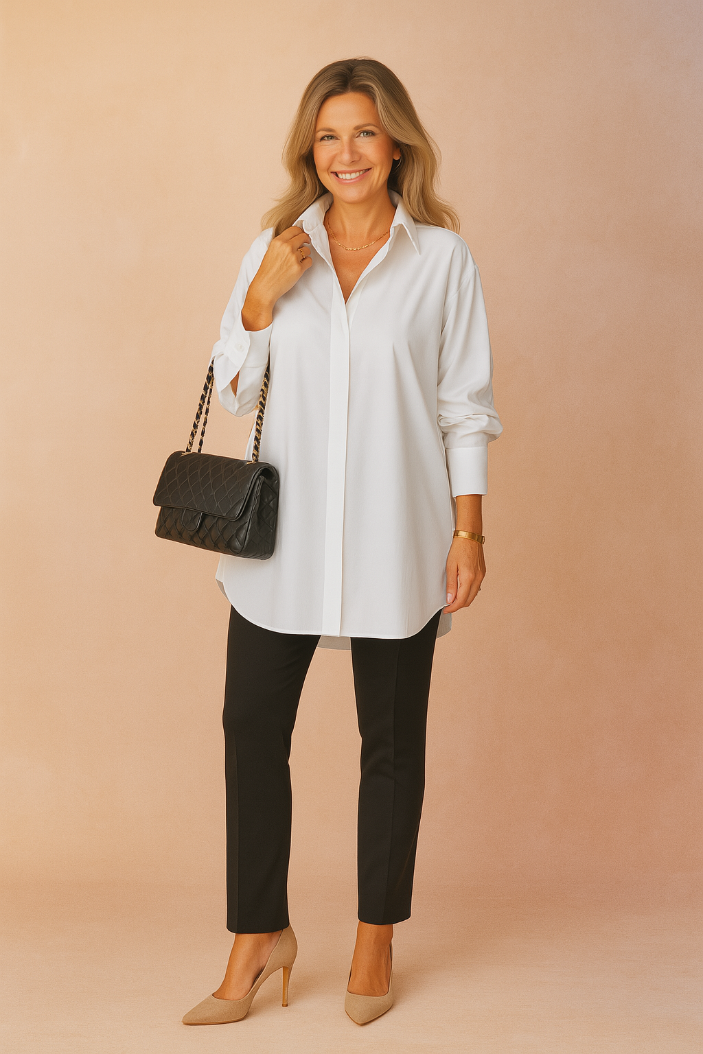 Elegant women's oversized blouse, modern long-sleeve shirt. Perfect versatile top for workwear or casual chic style.