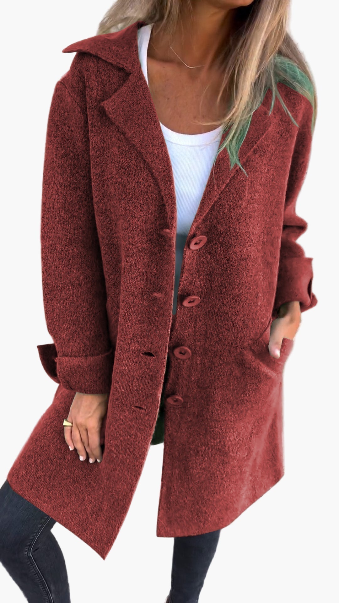 Women's oversized button-down trench coat styled open, showcasing its relaxed fit and fall appeal