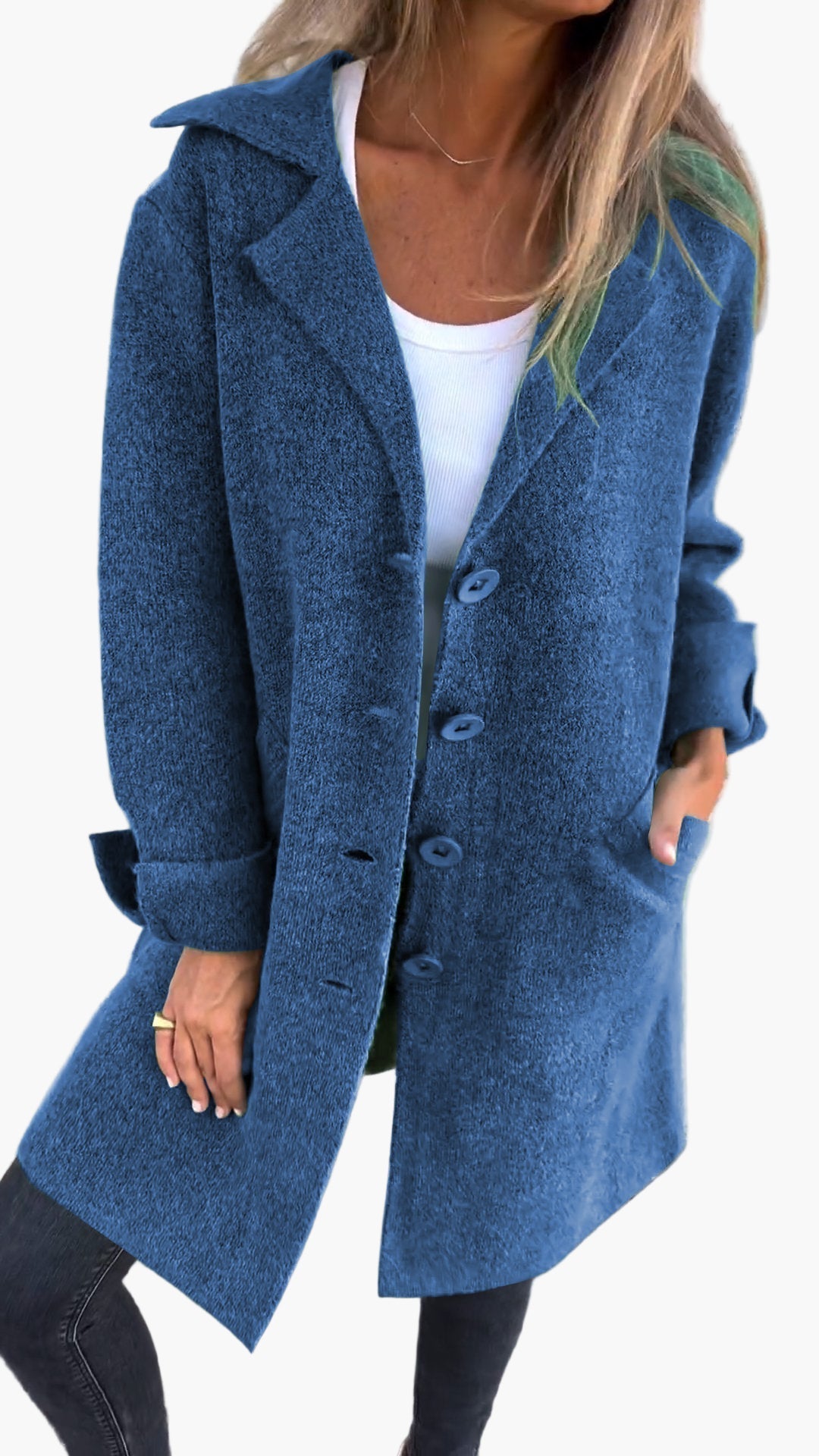 Side view of a women's cozy oversized button-down trench coat, a versatile winter outerwear piece