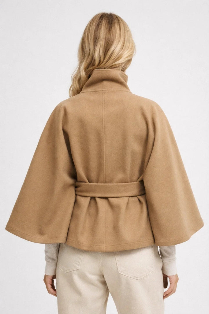 Stylish women's belted oversized short coat with an elegant high collar, ideal for chic and modern fashion.