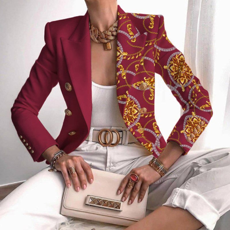 Elegant women's patchwork double-breasted blazer, tailored fit, perfect for office or casual chic fashion.