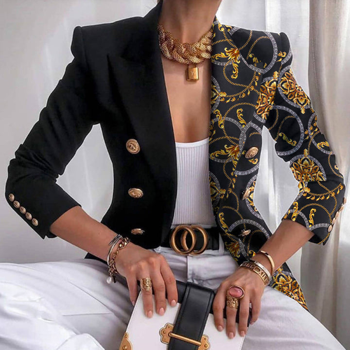 Women's double-breasted fashion blazer with unique patchwork design, versatile elegant outerwear.