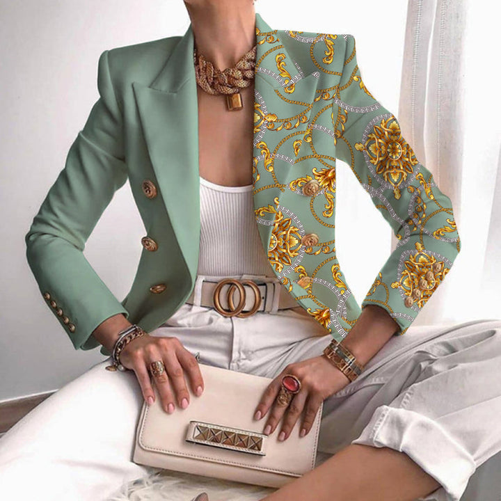 Fashionable women's double-breasted blazer with patchwork details, an elegant and versatile jacket.