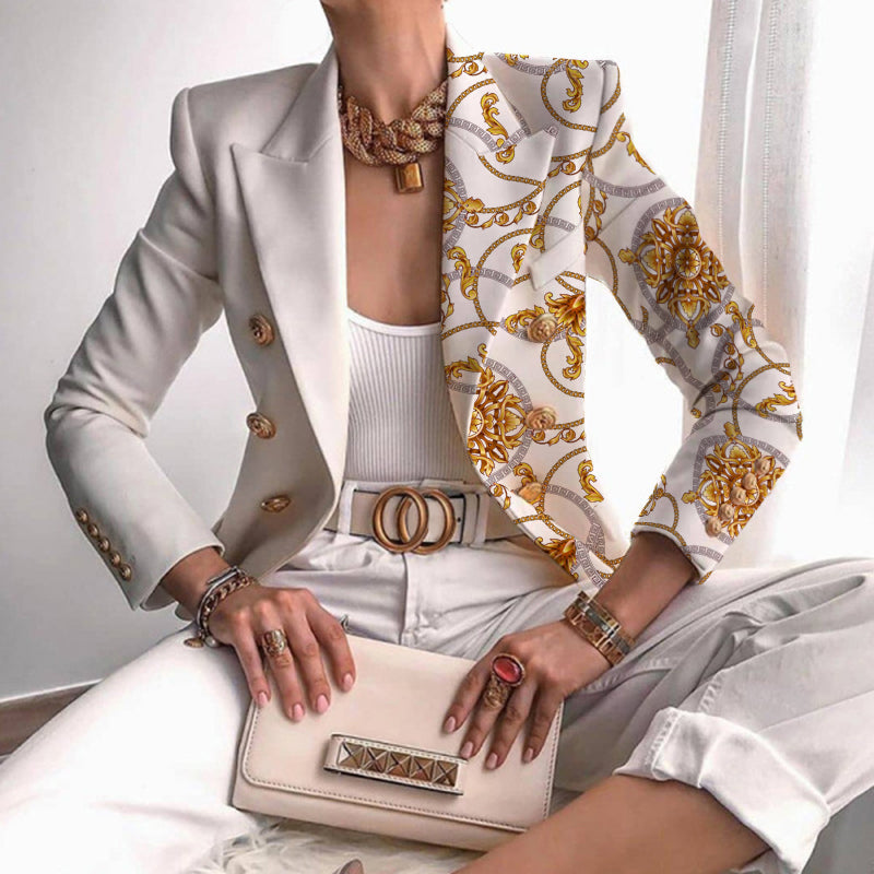 Chic women's patchwork double-breasted blazer, ideal office wear or casual fashion statement piece.
