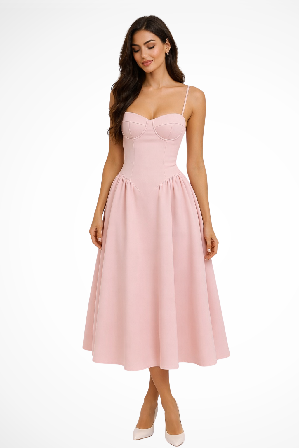 Elegant women's pink corset bodice A-line midi dress. Perfect for special occasions, wedding guests, or formal parties.