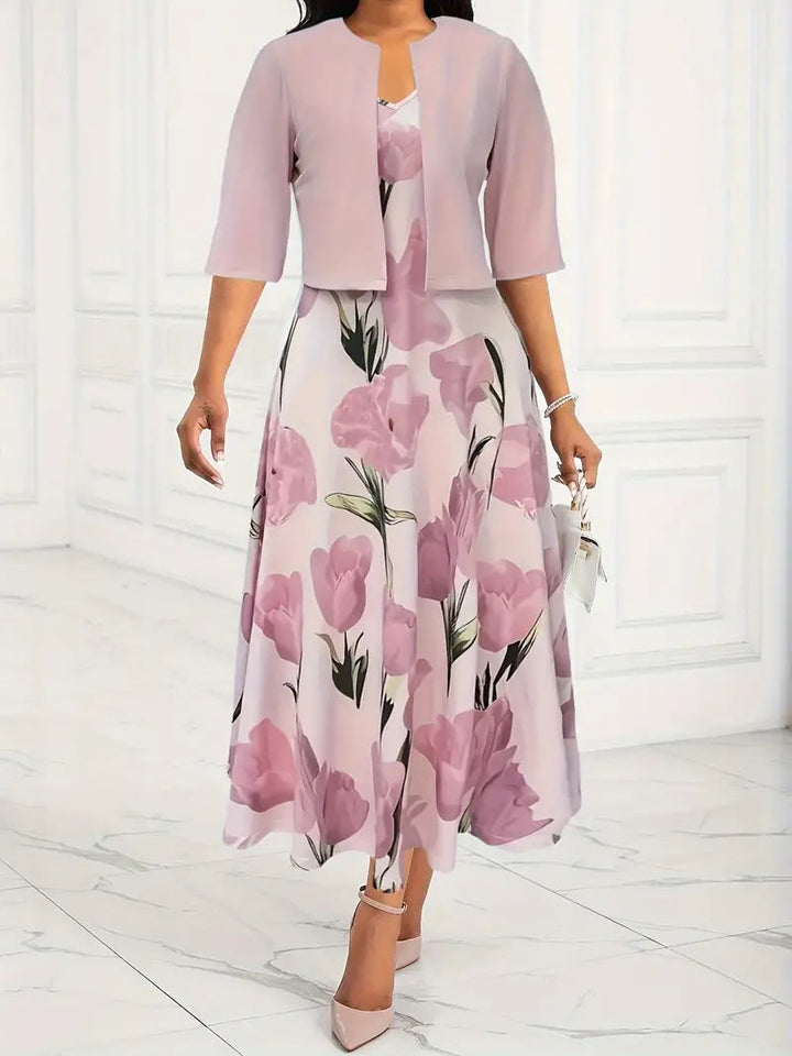 Elegant women's pink floral maxi dress and matching jacket set, perfect for summer parties.