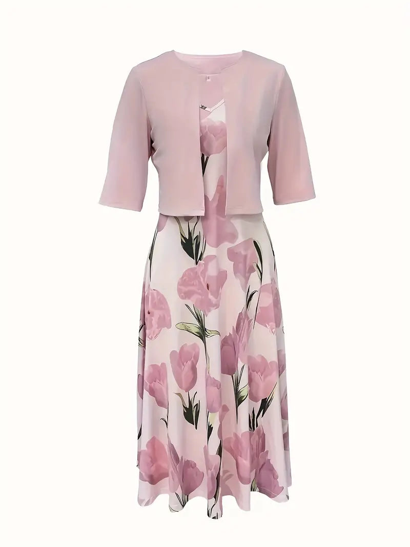 Two-piece women's floral maxi dress with jacket, ideal for elegant summer fashion.
