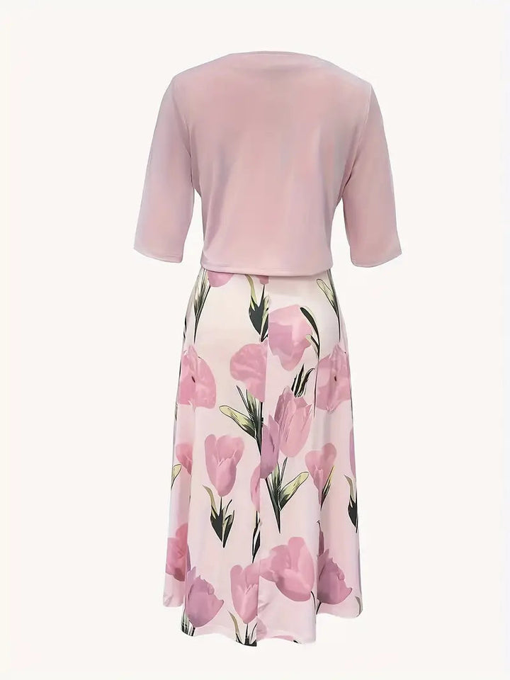 Women's pink floral matching set: a sophisticated maxi dress and coordinating jacket for parties.