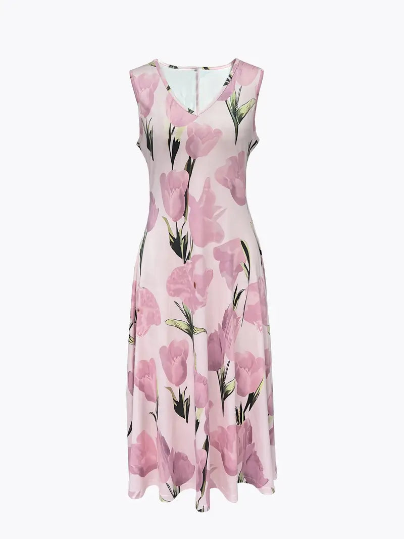 Full-length shot of a women's floral maxi dress and matching jacket, a stylish two-piece set.