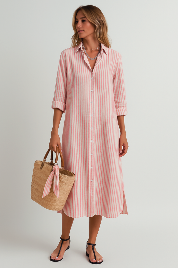 Elegant women's pink maxi summer dress, flowy beachwear, perfect for casual occasions