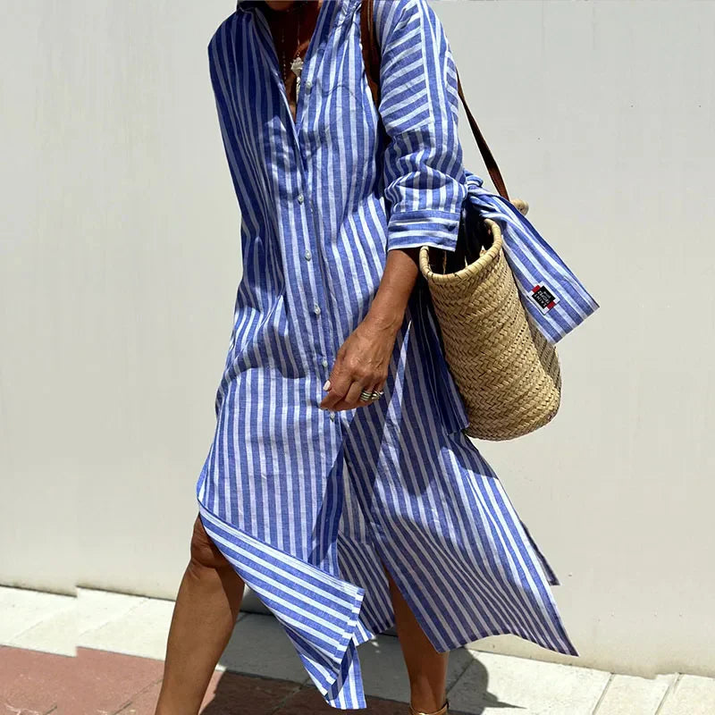Woman wearing a pink elegant maxi summer dress, posing outdoors, ideal for beach or casual wear