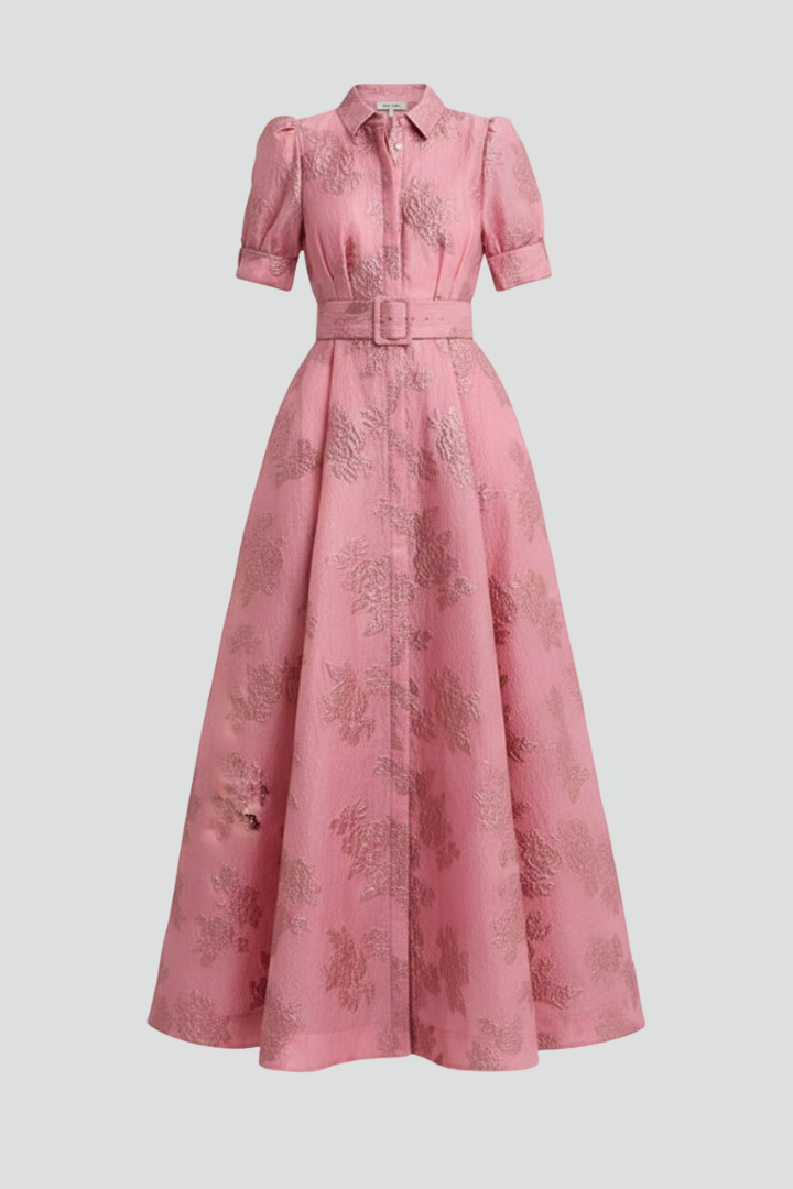 Elegant women's pink short sleeve belted maxi dress, perfect for summer days.