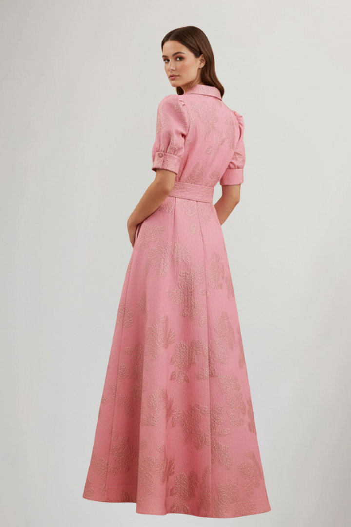 Women's short sleeve pink summer dress, a belted maxi style for elegant daytime wear.