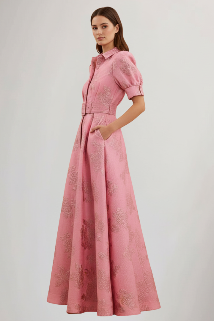 Pink belted collared maxi dress for women, featuring short sleeves and a flowy silhouette.