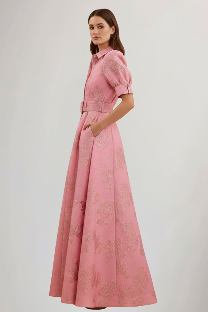 Day dress: women's elegant pink short sleeve belted maxi, ideal for summer.