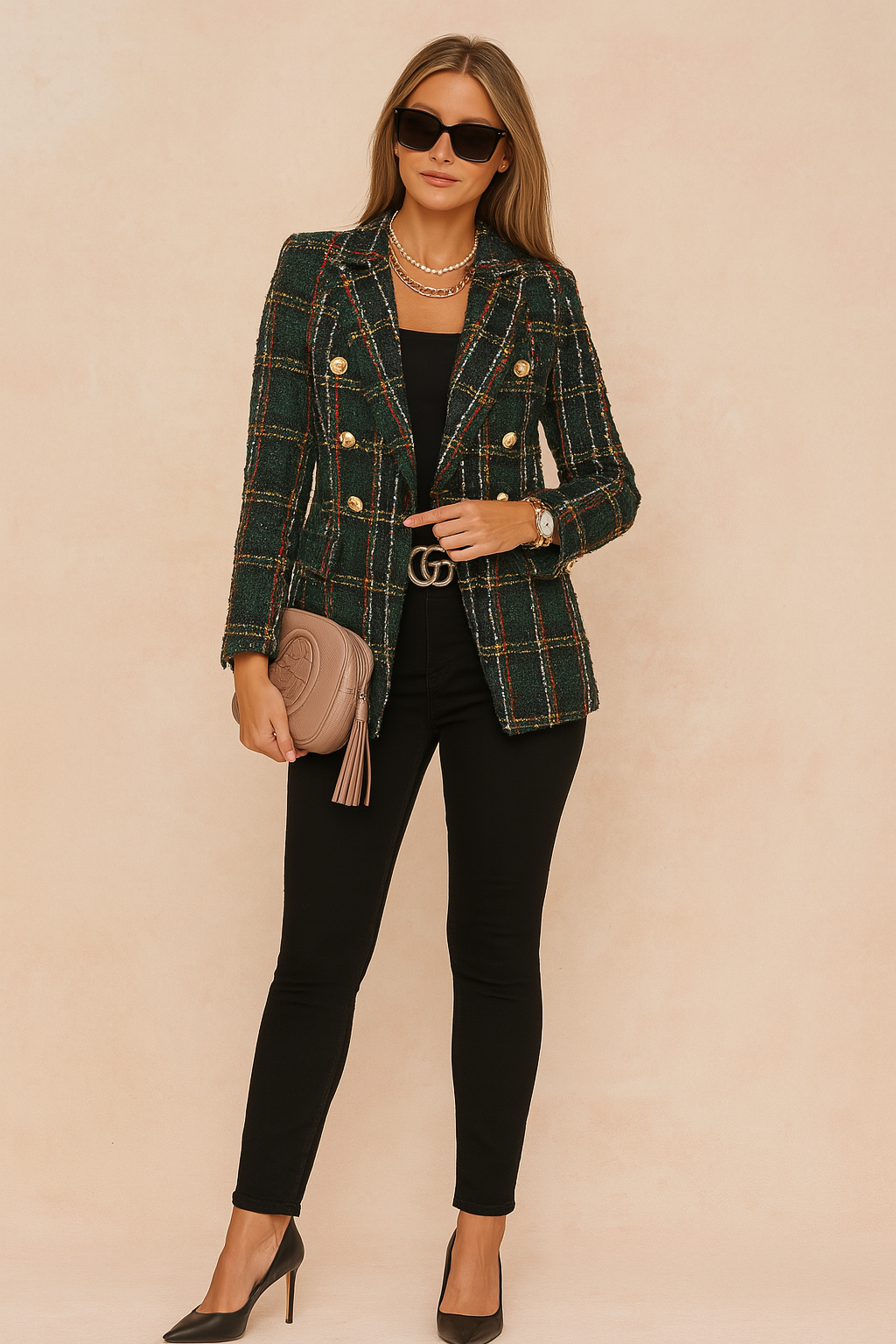 Elegant women's plaid blazer jacket, perfect for office wear or a stylish casual look.