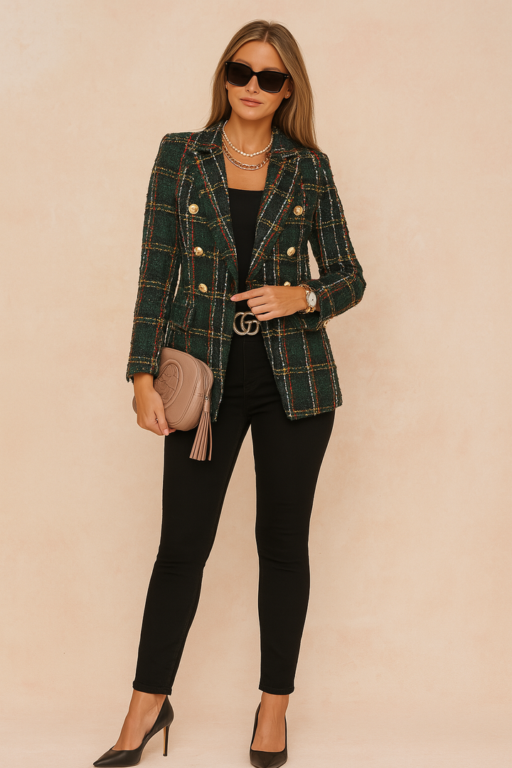 Elegant women's plaid blazer jacket, perfect for office wear or a stylish casual look.