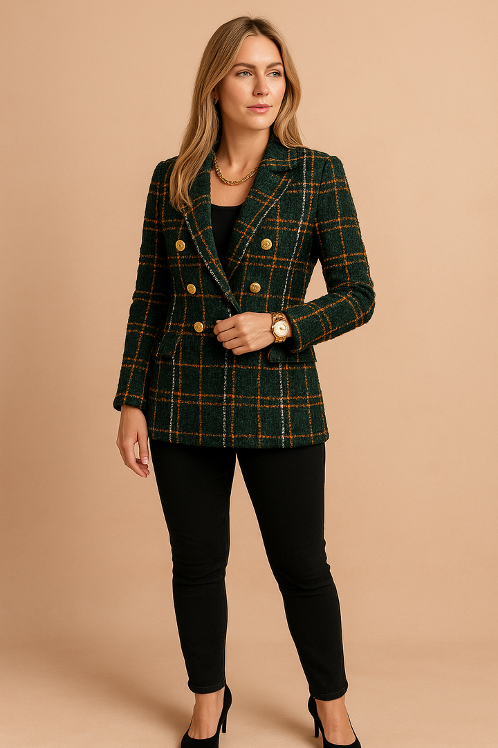 Stylish women's double-breasted plaid blazer jacket, versatile for business or casual chic outfits.