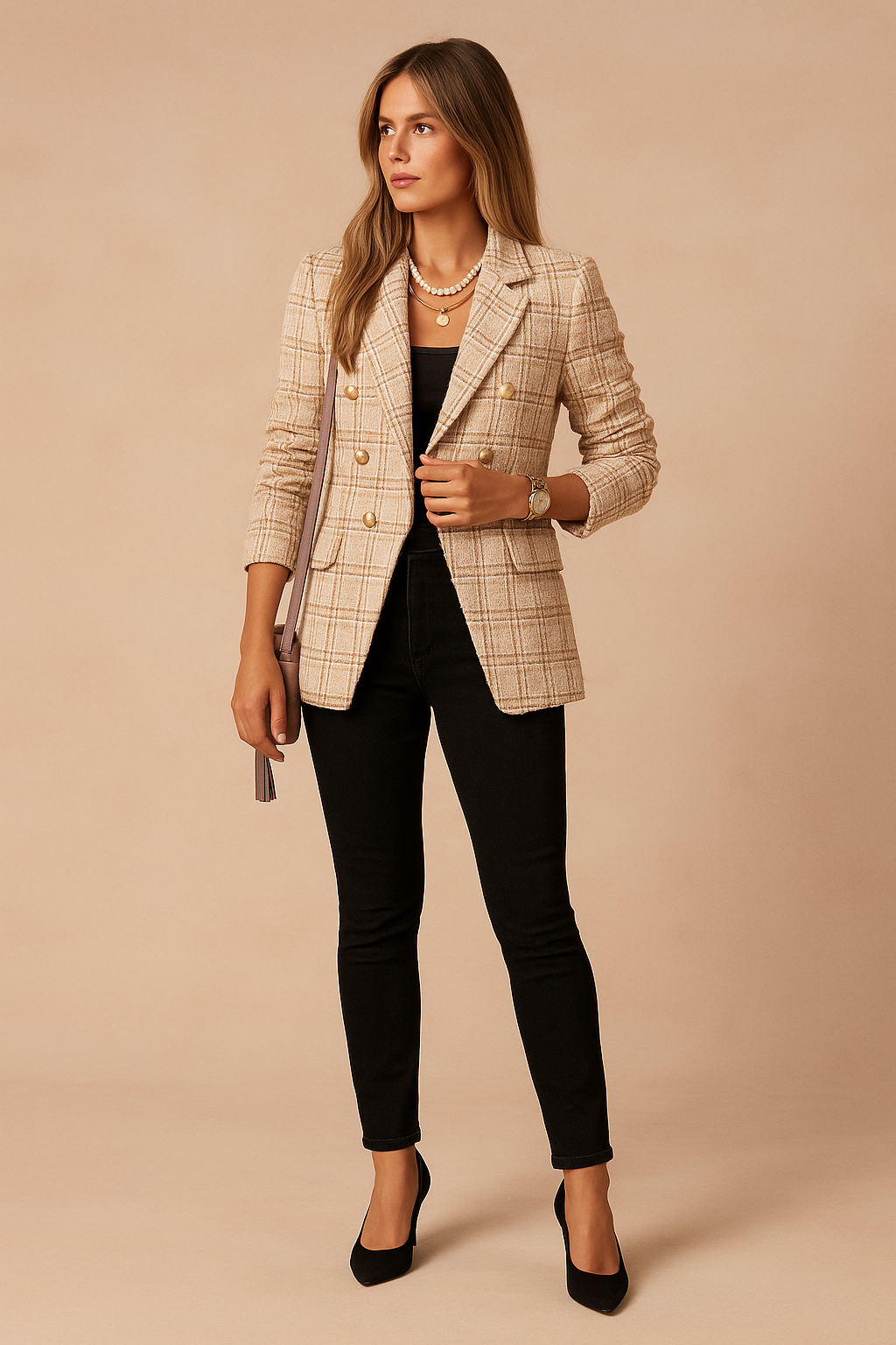 Chic women's checked plaid blazer, an elegant outerwear piece suitable for modern office fashion.
