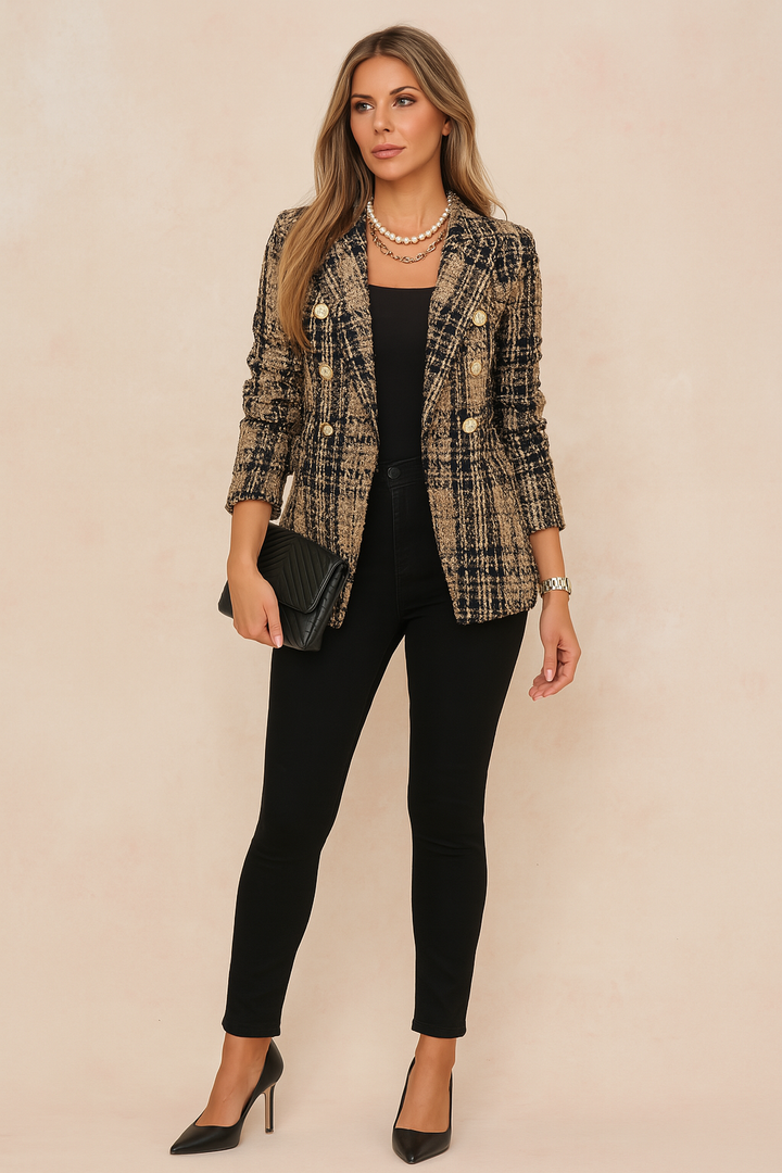 Sophisticated women's plaid blazer, a fashionable double-breasted jacket for elegant office & casual wear.
