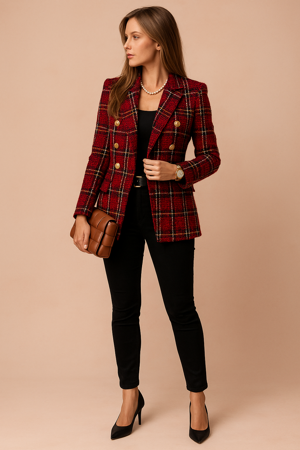Women's elegant plaid blazer jacket, a stylish checked outerwear piece for versatile office fashion.