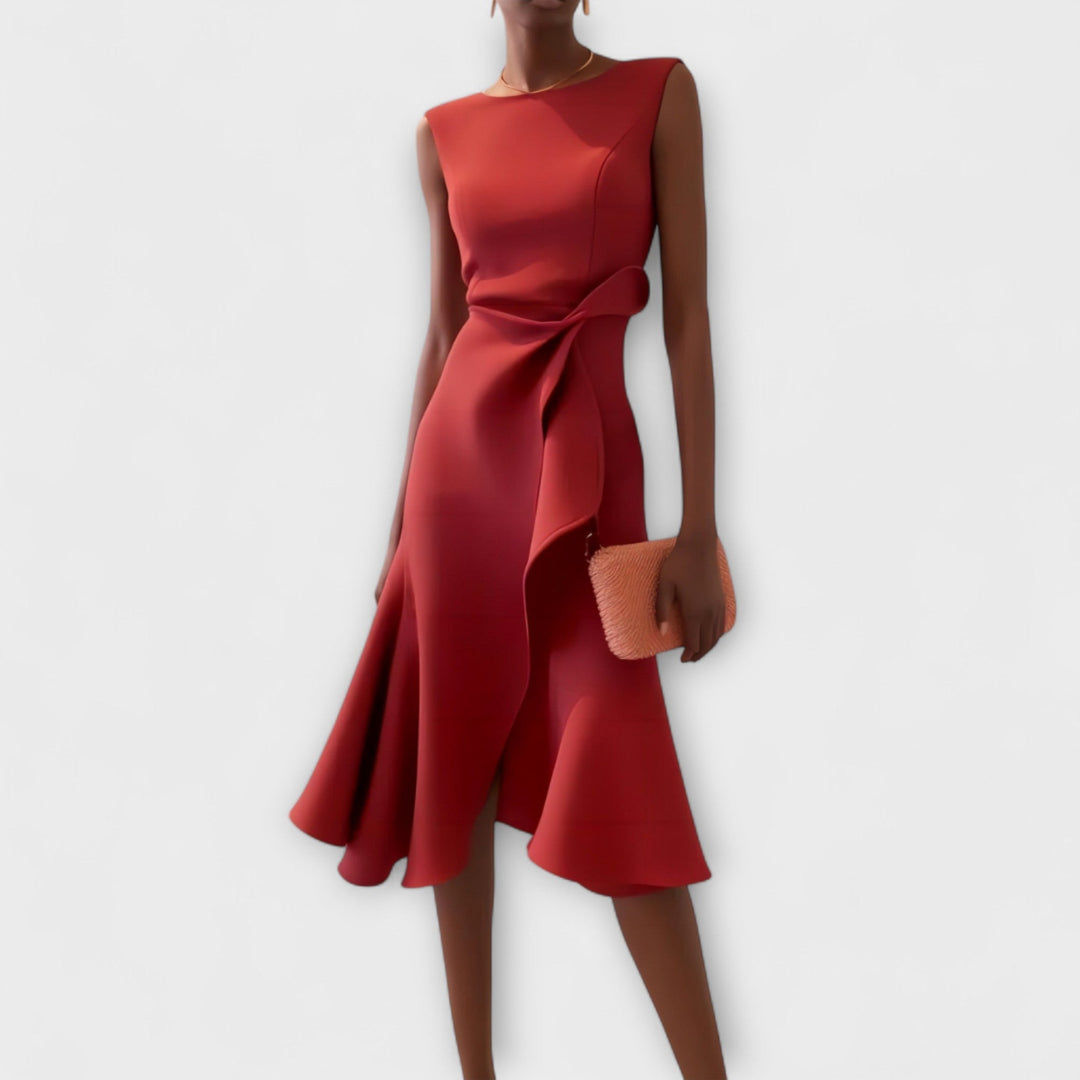 Elegant women's pleated asymmetrical midi dress, perfect for a summer party or formal event