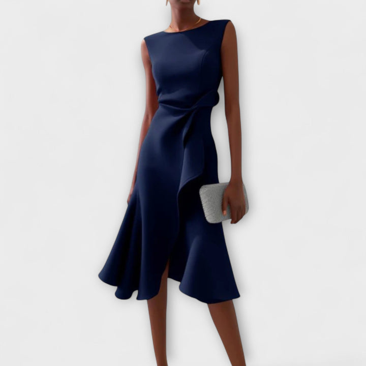 Women's elegant asymmetrical midi dress with delicate pleats, ideal for parties and special occasions