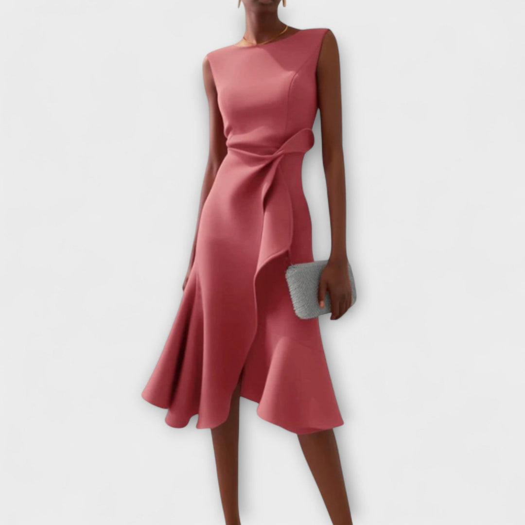 Stylish women's casual pleated midi dress with an asymmetrical cut, versatile summer or formal style