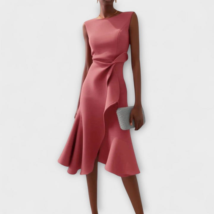 Stylish women's casual pleated midi dress with an asymmetrical cut, versatile summer or formal style