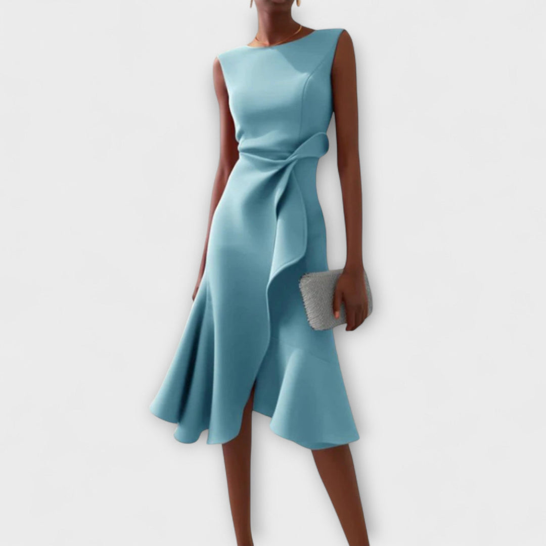 Sophisticated sleeveless pleated midi dress, asymmetrical hem, suited for women's elegant party attire