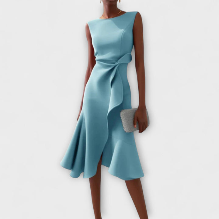 Sophisticated sleeveless pleated midi dress, asymmetrical hem, suited for women's elegant party attire