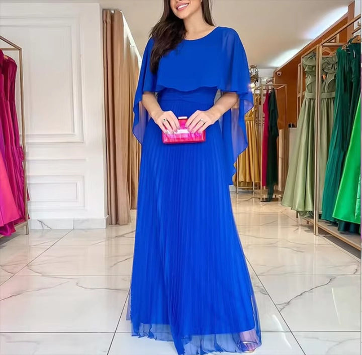 Elegant women's pleated cape evening dress in a flowing silhouette, perfect for formal occasions.