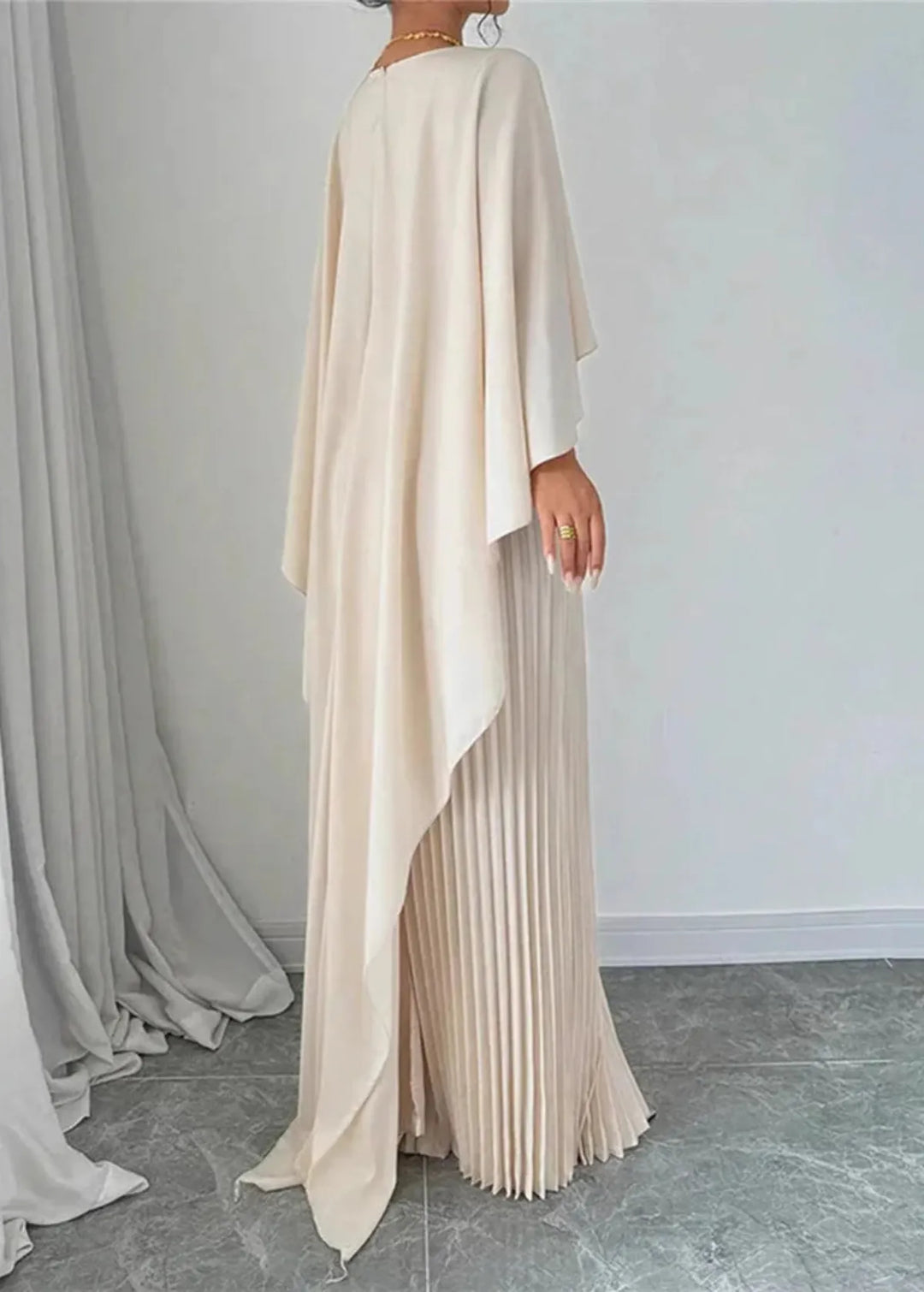 Chic women's formal pleated cape maxi dress, an ideal evening gown for spring or summer weddings.
