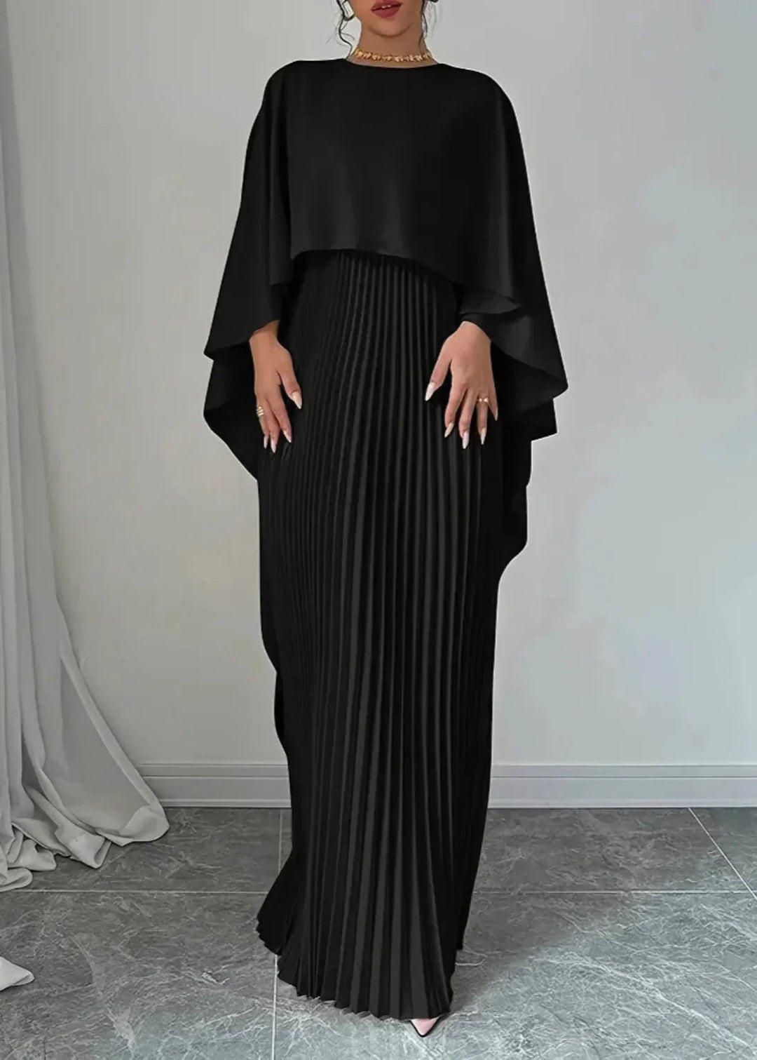 Sophisticated women's pleated cape maxi dress, a formal and elegant choice for wedding guests and special occasions.