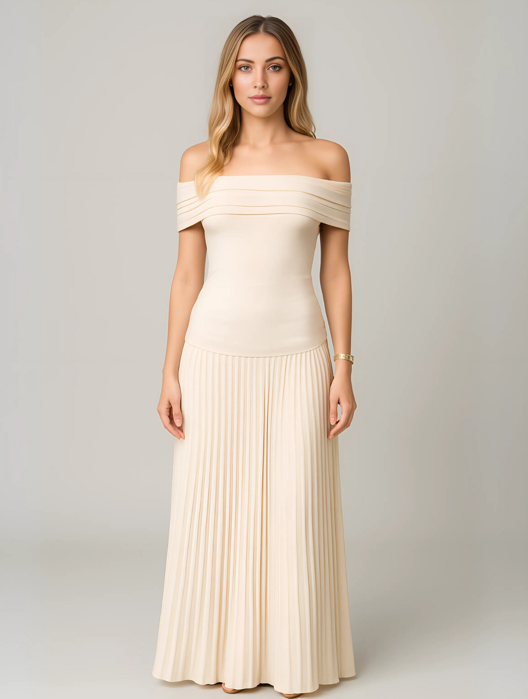 Elegant women's pleated maxi dress in a flowing silhouette, perfect for wedding guests and formal occasions.