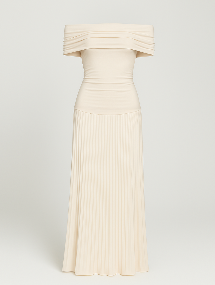 Wedding guest pleated maxi dress for women, showcasing a refined and elegant fashion statement.