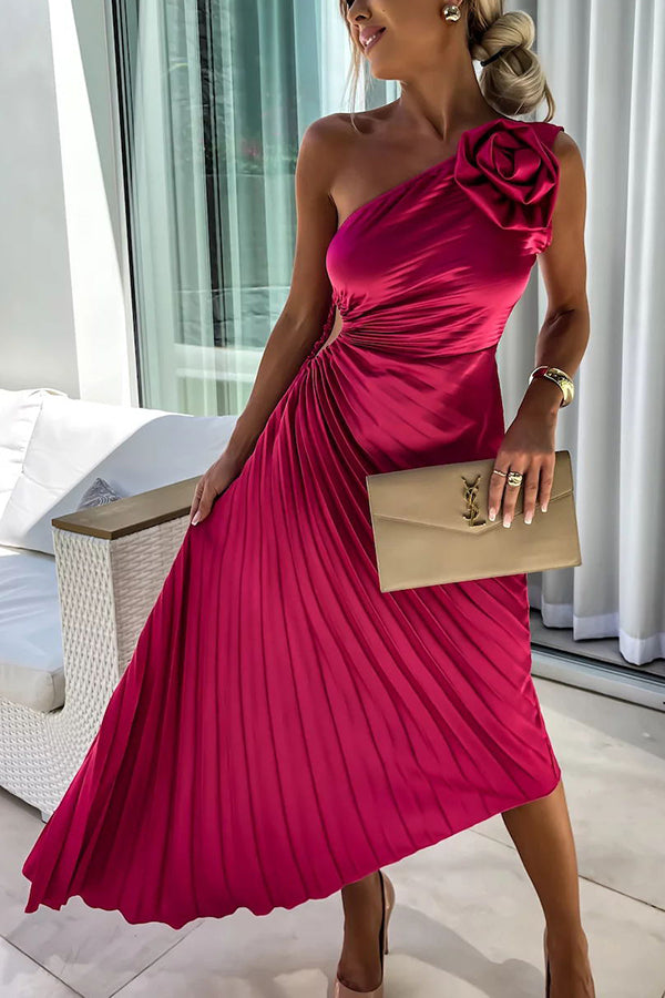 Elegant women's pleated one shoulder midi dress in a vibrant blue hue, perfect for evening wear.