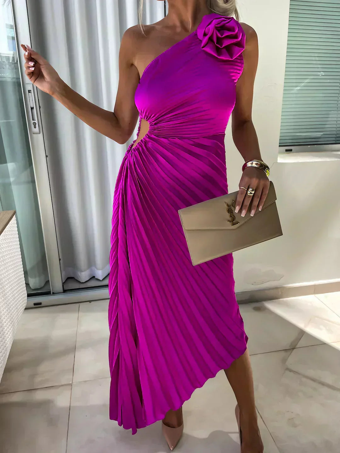 Green pleated one shoulder midi dress for women, a refreshing addition to evening or party attire.