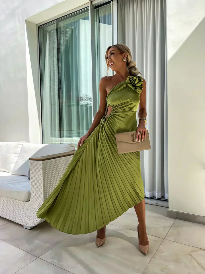 Stylish women's one shoulder midi dress with delicate pleats, ideal for a cocktail party.