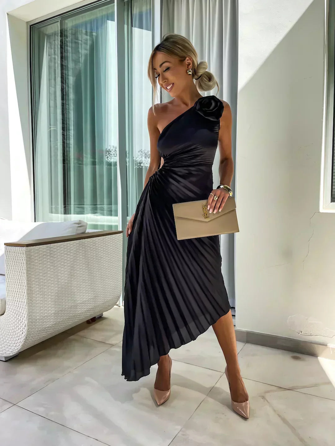Flowy white pleated one shoulder midi dress for women, a sophisticated summer dress option.