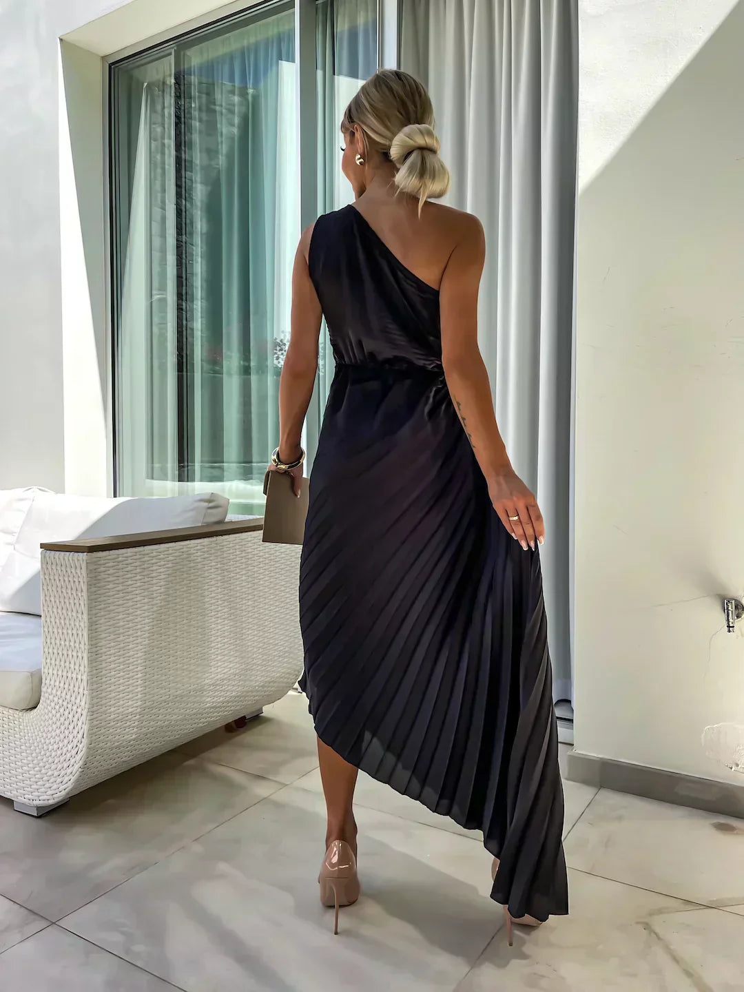 Red pleated one shoulder midi dress for women, a bold and fashionable evening wear choice.