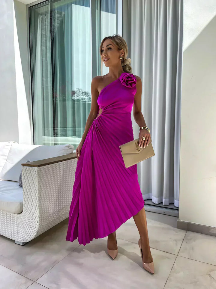 Women's formal pleated one shoulder midi dress in a classic navy color, suitable for special occasions.