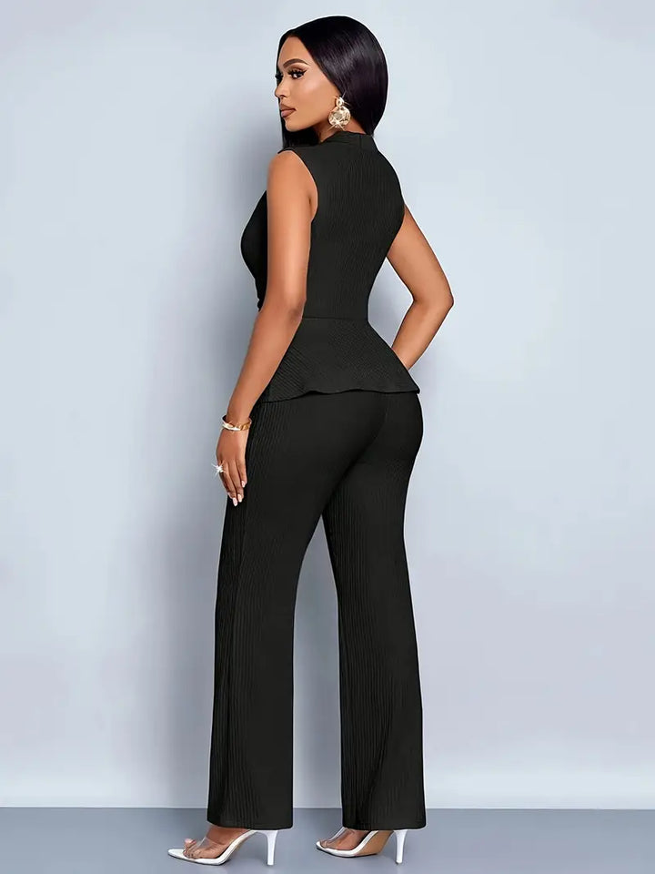 Two-piece women's pleated peplum top & wide-leg pant set, a stylish summer outfit.