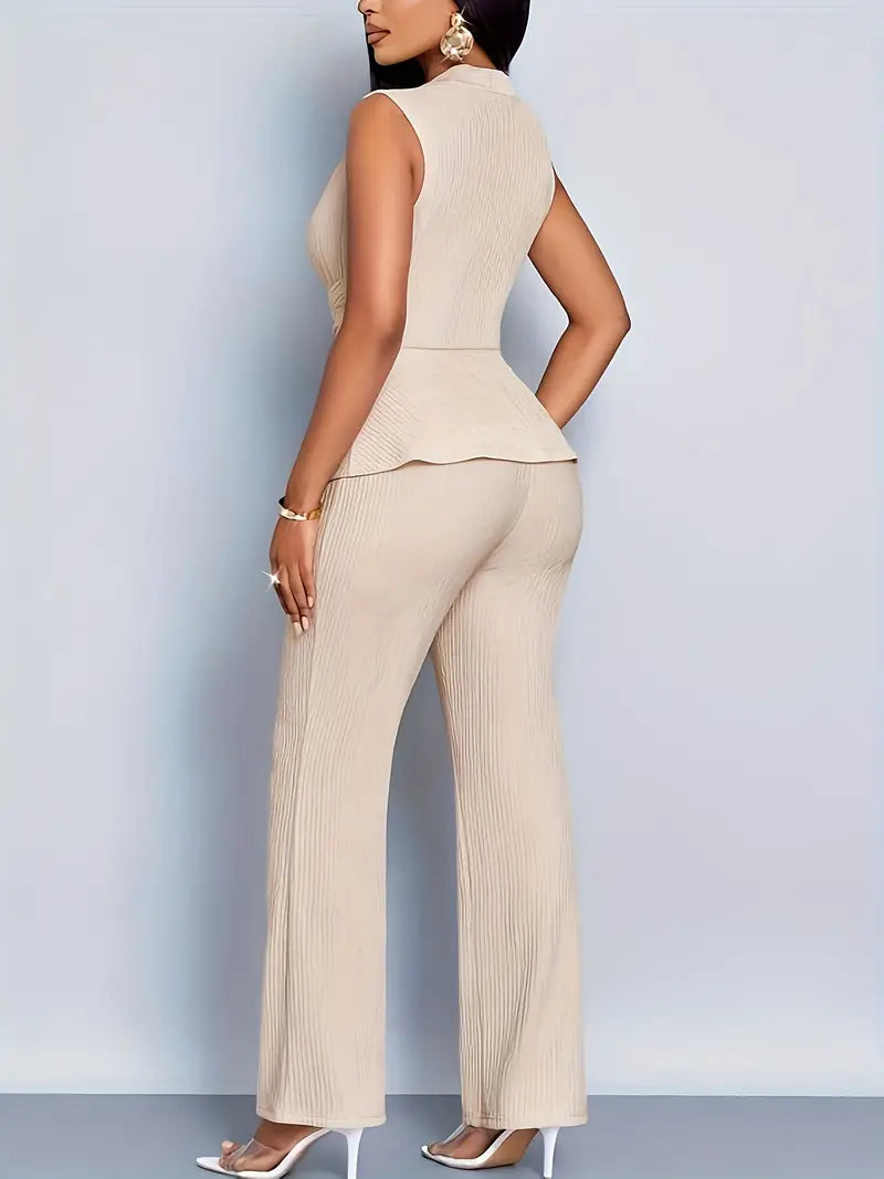 Sophisticated women's two-piece pleated peplum top and wide-leg pant set for elegant wear.